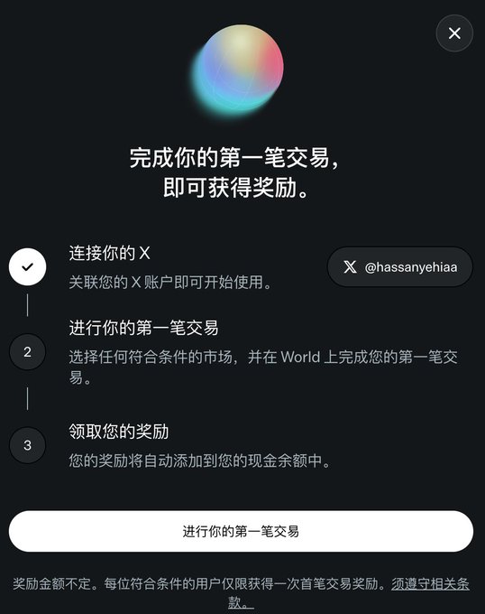 A dark-themed promotional popup in Chinese invites users to complete their first transaction to receive a reward, with three steps displayed: connecting X (showing the handle @hassanyehiaa), making a first trade on World, and claiming rewards, alongside a "进行你的第一笔交易" (Make your first trade) button. The image aligns with the post's announcement about World (Worldcoin/World ID) airdrop rewards, visually representing the onboarding flow users must complete to claim their token allocation.