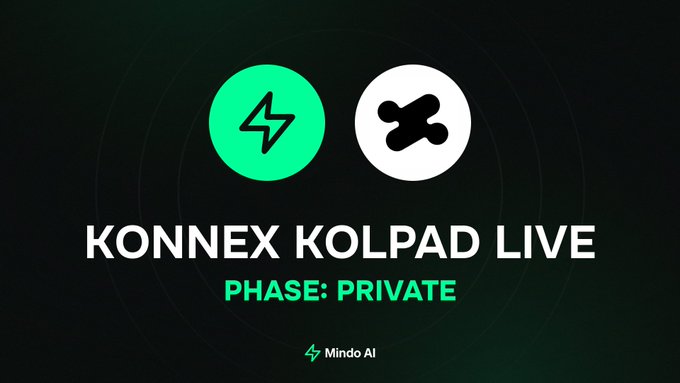 A promotional graphic with a dark background displaying the Mindo AI lightning logo and a Kolpad X icon, featuring the text 'KONNEX KOLPAD LIVE' and 'PHASE: PRIVATE' in green and white.