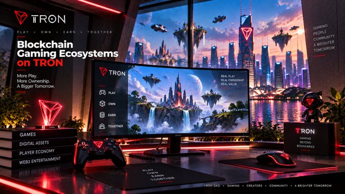 A promotional banner for TRON Blockchain Gaming Ecosystems featuring a gaming setup with a monitor displaying a fantasy landscape, with text 'More Play. More Ownership. A Bigger Tomorrow.'