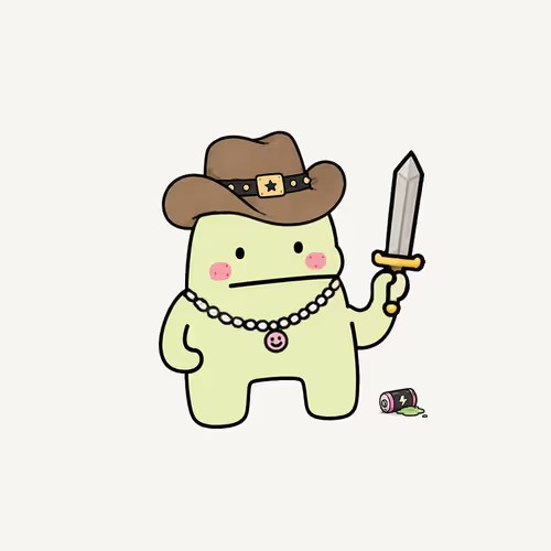 The image features a cartoon character, Gloob #381, wearing a cowboy hat and holding a sword. The character appears to be selling the sword for 0.23 Eth.