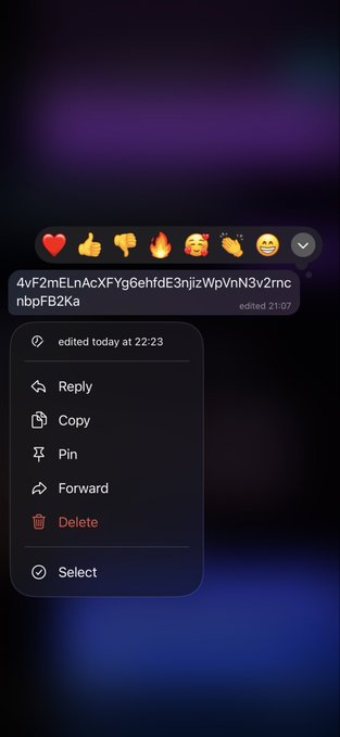 A Telegram chat screenshot showing a wallet address string with various emoji reactions and a context menu with options like Reply, Copy, Pin, Forward, and Delete.