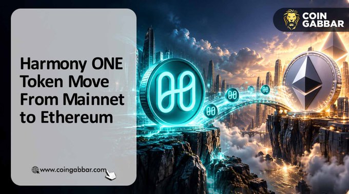 Promotional graphic for Coin Gabbar titled 'Harmony ONE Token Move From Mainnet to Ethereum' featuring glowing blue and silver coin logos against a futuristic cityscape.