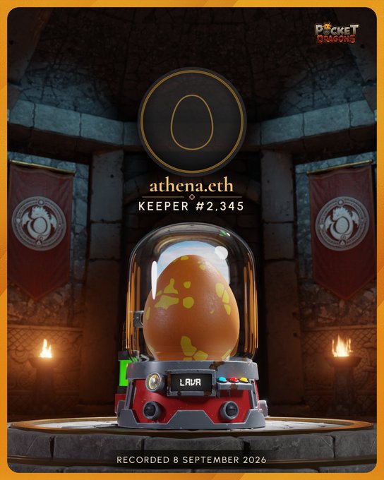 A digital card from 'Pocket Dragons' displaying 'athena.eth', 'KEEPER #2345', 'LAVA', and 'RECORDED 8 SEPTEMBER 2026' featuring a glowing egg in a futuristic container.