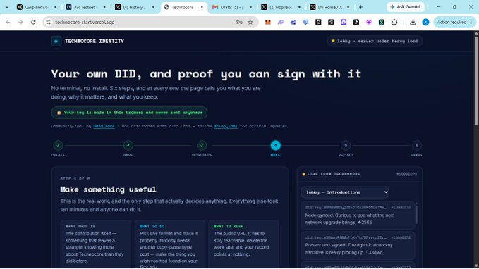 A screenshot of a webpage titled "TECHNOCORE IDENTITY" with the header "Your own DID, and proof you can sign with it," showing steps like CREATE, SAVE, ORTHODOX, BABE, PROUD, and SHADE.
