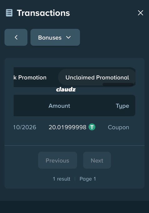 A mobile screenshot showing the Transactions > Bonuses > Unclaimed Promotional section, displaying one result: a 20.01999998 USDT coupon from 10/2026 in the user's "claudz" account. This illustrates the post's instructions for claiming a share of Stake's $1M giveaway by navigating to the unclaimed promotional tab to find available USDT bonuses.