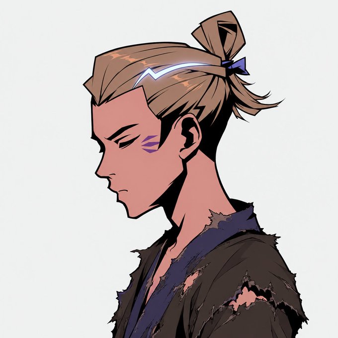 The image shows a stylized illustrated character with a topknot, purple war paint on their cheek, and tattered dark clothing. 

A stoic warrior looking downward as if contemplating a defeated market battle, matching the somber tone of "market is horrible, we need help."