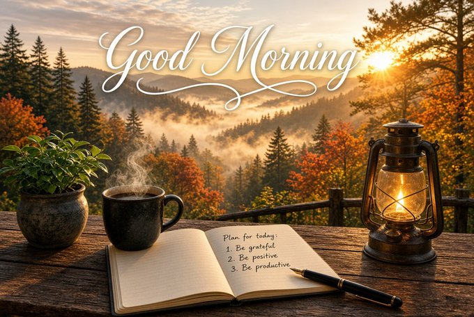 A serene 'Good Morning' greeting image featuring a notebook with a 'Plan for today: 1. Be grateful, 2. Be positive, 3. Be productive' list, alongside a steaming coffee mug and vintage lantern, set against a misty autumn forest landscape at sunrise.