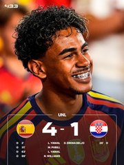 A sports graphic shows Spain winning 4-1 against Croatia in a UEFA match, featuring a smiling player with braces in a dark jersey.