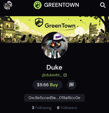 A social media profile page for 'GREENTOWN' showing a user named 'Duke' (@dukexbt_) with a 'Buy' button for $9.66 and a wallet address starting with '0xc8e5cced9a...'.