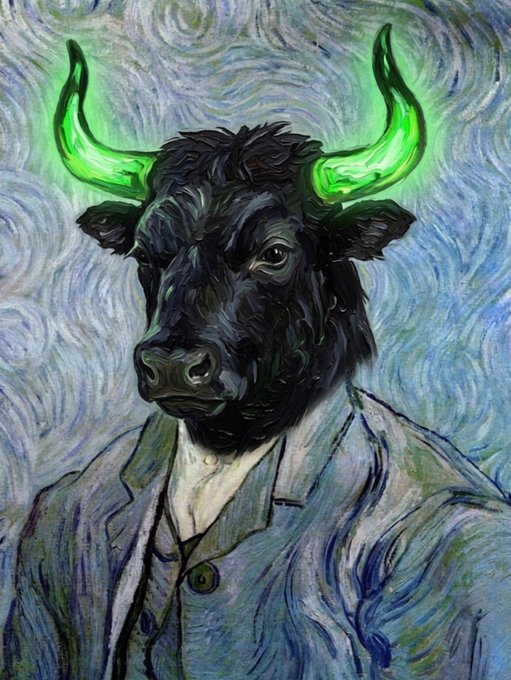 A stylized painting of a black bull with glowing green horns, wearing a grey suit jacket and vest, set against a swirling Van Gogh-inspired background.