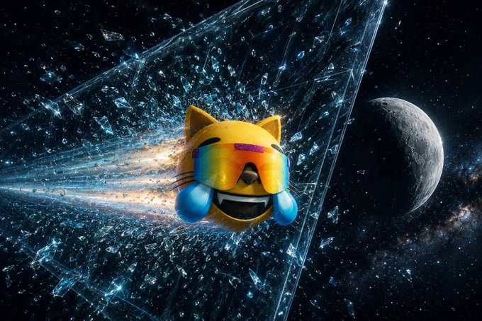 A digital illustration of a yellow cat emoji wearing rainbow-tinted sunglasses and blue headphones, appearing to burst through a shattered glass effect in space with a moon in the background.