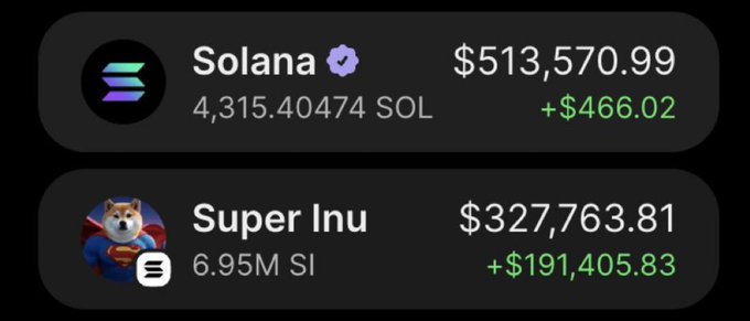 A crypto portfolio showing Solana at $513,570.99 (+$466.02) with 4,315.40474 SOL, and Super Inu at $327,763.81 (+$191,405.83) with 6.95M SI.