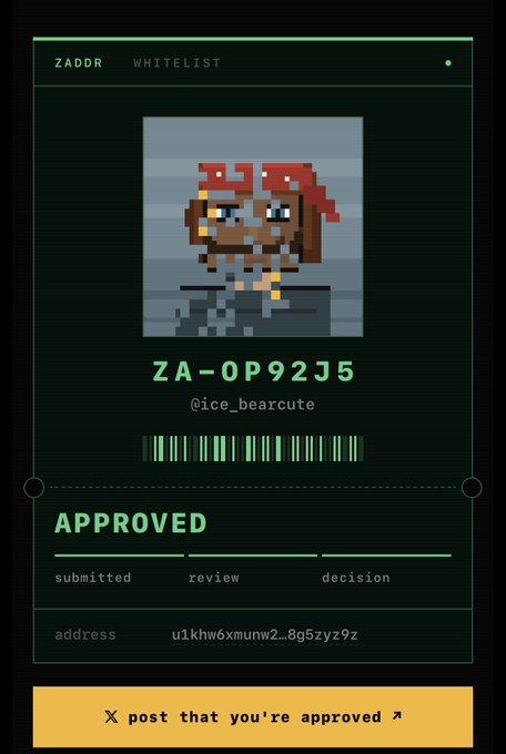 A digital approval card from "ZADDR WHITELIST" featuring a pixelated character, the ID "ZA-0P92J5", handle "@ice_bearcute", and an "APPROVED" status with a button to "post that you're approved".