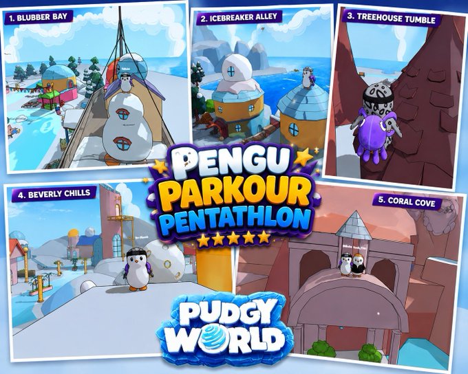 Promotional artwork for the 'Pengu Parkour Pentathlon' event in the game 'Pudgy World,' showcasing five penguin characters in various snowy and ocean-themed environments.