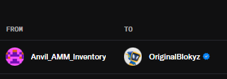 A digital interface showing an item transfer from 'Anvil_ANMI_Inventory' to 'OriginalBlokyz' displayed on avatars.
