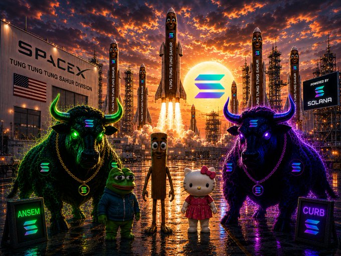 A dramatic scene shows a SpaceX/Solana-themed launchpad with rockets labeled "TUNG TUNG SAHUR," flanked by glowing green and purple cosmic bulls (one holding an "ANSEM" token, the other "CURB"), alongside a frog, stick figure, and Hello Kitty, matching the post's bullish $SOL $ANSEM $CURB call to action.