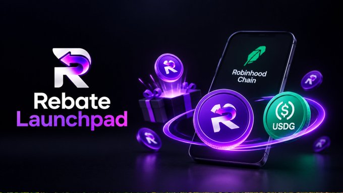 A promotional graphic for 'Rebate Launchpad' on the Robinhood Chain, featuring purple and green crypto-style coins and a smartphone displaying the platform's logo.