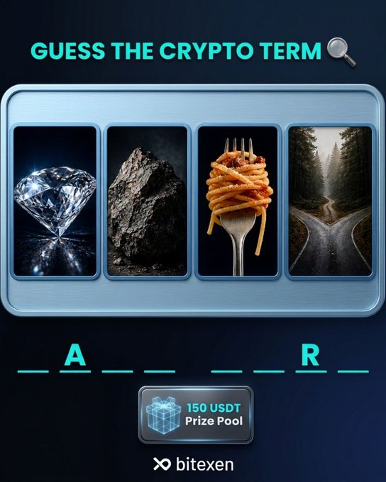 A "Guess the Crypto Term" puzzle by bitexen displays four images—a diamond, a rock, spaghetti on a fork, and a fork in the road—above the blanks "_A_" and "_R," challenging viewers to identify a crypto term to compete for a share of the 150 USDT prize pool.