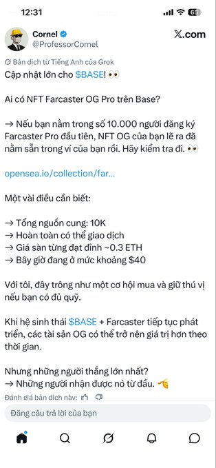 A Vietnamese-translated tweet from @ProfessorCornel on X.com announcing a Farcaster OG NFT on Base, with a 10K total supply, ~0.3 ETH floor, and ~$40 current mint price.