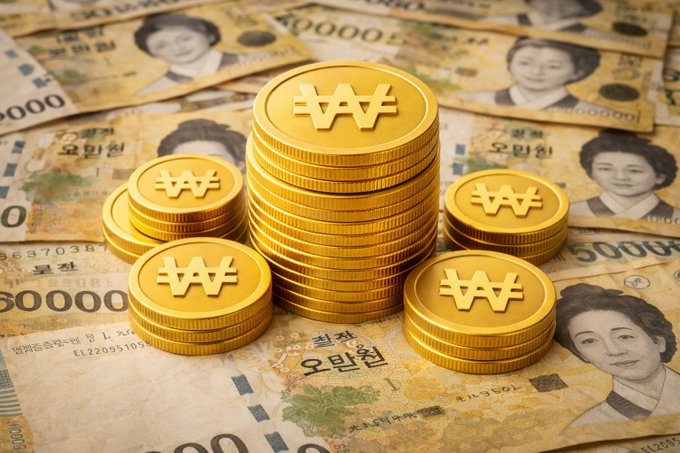 Gold coins with the Korean Won symbol are stacked on top of 50,000 Won banknotes, visually representing the "Korean won stablecoin" mentioned in the accompanying post. The image prominently displays the Korean Won currency symbol and the text "오만원" (50,000 won) from the banknotes.