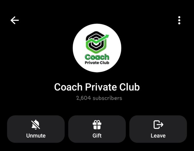 A dark screen displays a circular logo for 'Coach Private Club' with 2,604 subscribers, along with buttons for 'Unmute', 'Gift', and 'Leave'.