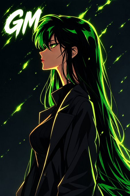 An anime-style digital illustration of a woman with long green hair wearing a dark coat, with "GM" text displayed in the upper left corner against a dark green sparkly background.