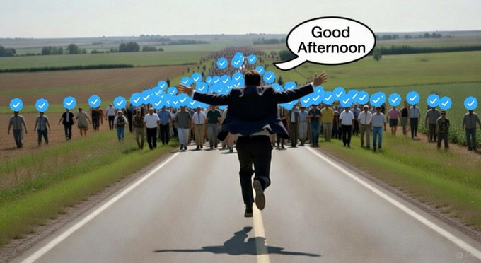 A meme image showing a man running joyfully down a rural road toward a crowd of people marked with blue Twitter checkmarks, with a speech bubble reading 'Good Afternoon.'