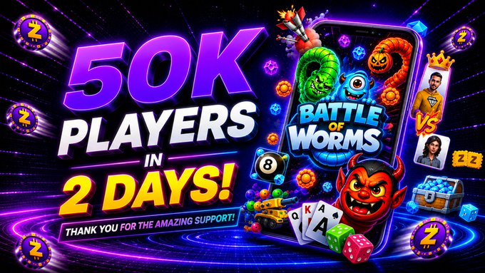 A vibrant promotional banner for the mobile game 'Battle of Worms', celebrating '50K PLAYERS IN 2 DAYS!' with cartoon characters, gaming icons, and the text 'THANK YOU FOR THE AMAZING SUPPORT!'.