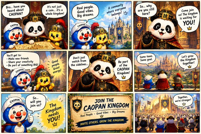 A comic strip features panda and chick characters promoting the 'CAOPAN KINGDOM' with text like 'Real People · Good Vibes · Big Dreams' and 'INVITE OTHERS. GROW THE KINGDOM.'