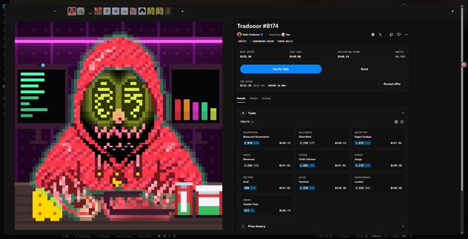 The image shows a pixel art NFT listing on a marketplace, featuring a hooded figure in red with glowing green dollar sign eyes, titled "Tradooor #8174" by "Rekt Trababo" priced at $130.36. The tweet celebrates joining the "family" of crypto/Robinhood culture while referencing "REKT" (a popular crypto slang for losing trades), aligning with the pixel artwork's hooded reaper-like figure symbolizing losses in trading.