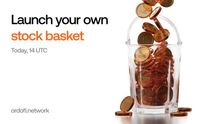 A promotional graphic with the text 'Launch your own stock basket' and 'Today, 14 UTC' alongside the URL 'ordofi.network', featuring a bucket filled with bronze coins.