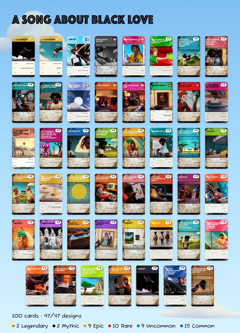 A promotional image titled 'A SONG ABOUT BLACK LOVE' displaying a grid of 100 trading cards featuring Black romance illustrations, categorized into 2 Legendary, 2 Mythic, 9 Epic, 10 Rare, 9 Uncommon, and 15 Common designs.