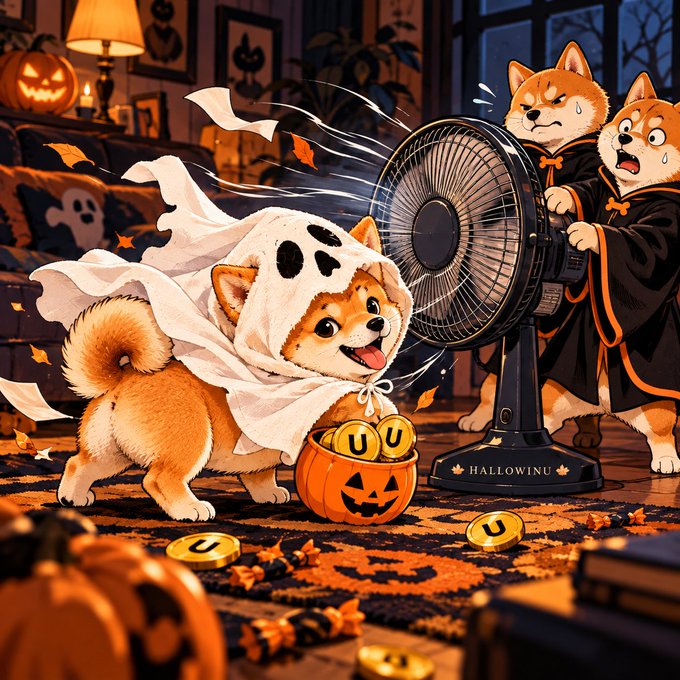 An animated illustration shows a Shiba Inu dressed as a ghost holding a pumpkin of 'U' coins while other Shiba Inus in robes operate a fan labeled 'HALLOWINU'.
