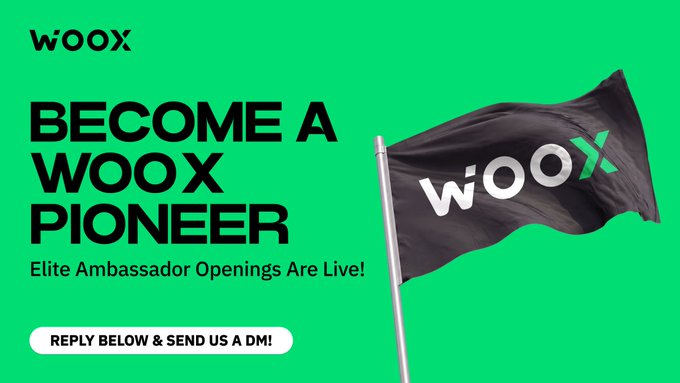 The image is a promotional graphic for WOOX featuring a black flag with the "WOOX" logo on a green background, with bold text reading "BECOME A WOOX PIONEER" and "Elite Ambassador Openings Are Live!" alongside a call-to-action button that says "REPLY BELOW & SEND US A DM!" This visually supports the post's invitation to join their ambassador program and apply for an opportunity to earn monthly income through trading referrals.