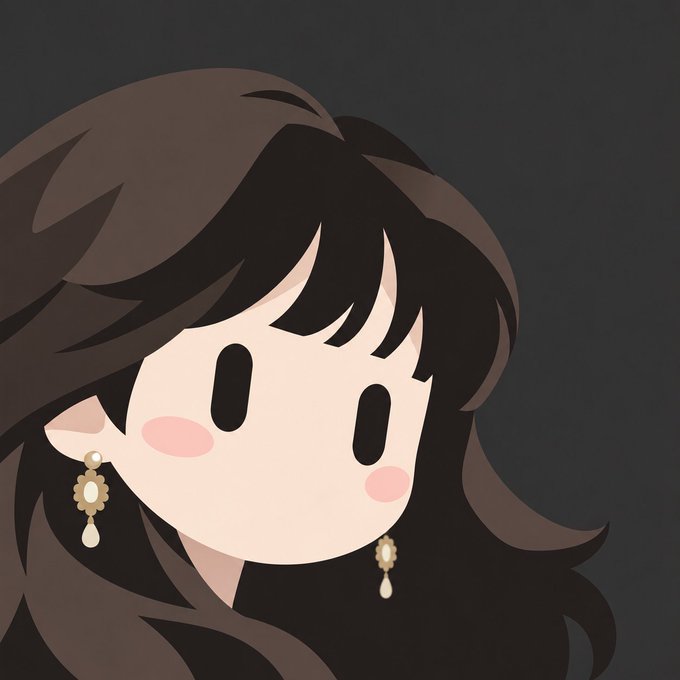 Digital illustration of a stylized female anime-style character with long dark wavy hair, pink blushing cheeks, and dangling gold earrings against a dark gray background.