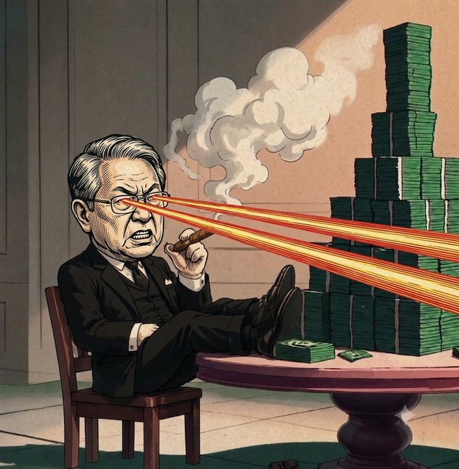 An artistic illustration depicts a man in a suit smoking a cigar while seated with his feet up, with laser beams shooting from his eyes toward stacks of money on a table.
