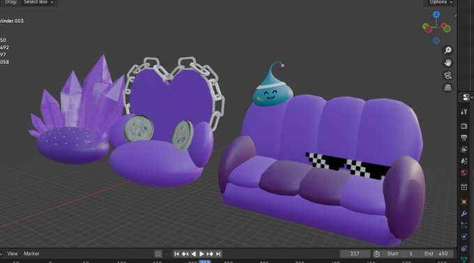 A 3D modeling software screenshot showing purple cartoon-style furniture including a couch, chair, and crystals.