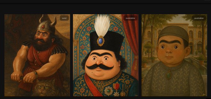 Three portrait paintings styled like classical art but depicting NFT characters: a Viking-like figure labeled 'sold', a regal figure with a feathered hat labeled 'avolable', and a round-faced figure in a teal hat also labeled 'avolable'.