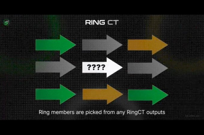 A technical diagram labeled 'RING CT' showing arrows in green, gray, and orange pointing toward a central '????' placeholder, with caption 'Ring members are picked from any RingCT outputs'.