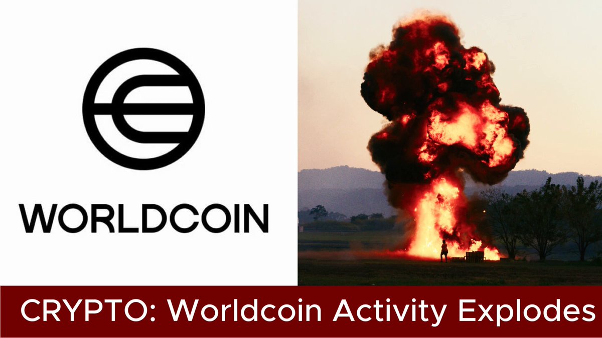 The image features a white sign with black text that says "Crypto: Worldcoin Activity Explodes". A close-up view of a large explosion shows what appears to be a fire or a bomb, creating an intense visual contrast with the background color. The title of the image is "Worldcoin Activity Explodes", highlighting the rapid increase in activity for the cryptocurrency. This text and visual representation are related to a post about Worldcoin's recent activities.