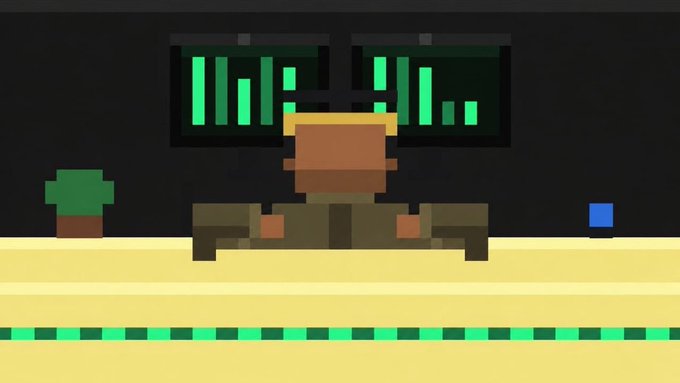 A pixel-art character sits at a desk beneath two green data displays, with a small potted plant, a blue object, and a row of green floor lights nearby.