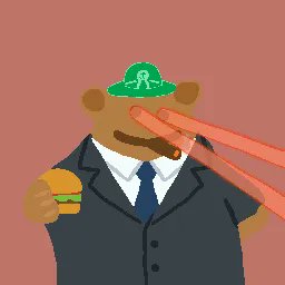 A cartoon illustration of a brown bear in a suit and green hat holding a hamburger while smoking a cigar.