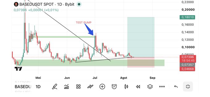 A cryptocurrency trading chart for BASEDUSDT SPOT on Bybit showing a 1D candlestick graph with annotations including a "TEST PUMP" arrow pointing to a spike in July, with current price at 0.07396 (+0.01%).