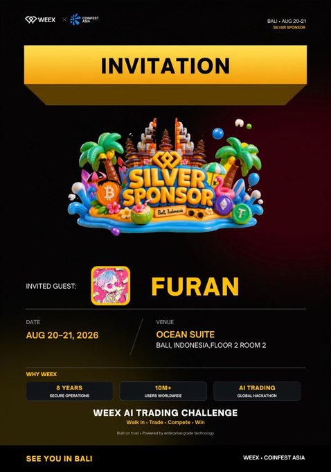 An invitation for 'FURAN' to the WEEX x COINFEST ASIA WEEX AI TRADING CHALLENGE as a Silver Sponsor, dated August 20-21, 2026, at Ocean Suite in Bali, Indonesia.
