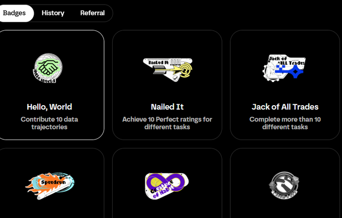 A user profile's Badges section on Axis Robotics displays six achievement badges, including "Hello, World" (contribute 10 data trajectories), "Nailed It" (achieve 10 perfect ratings for different tasks), and "Jack of All Trades" (complete more than 10 different tasks), showcasing the rewards earned from completing the platform's daily tasks.