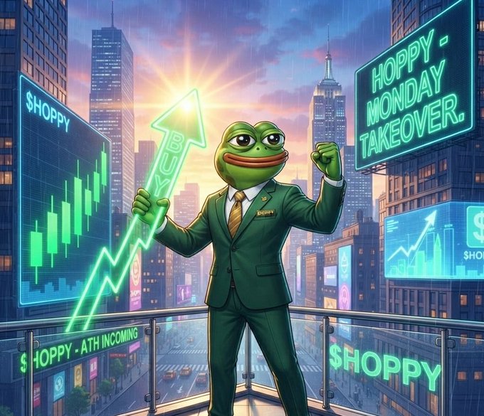 A confident green Pepe frog in a suit stands triumphantly on a city rooftop, holding a glowing "BUY" arrow amid stock charts and "$HOPPY" signage, including a "HOPPY MONDAY TAKEOVER" billboard—perfectly matching the bullish Monday momentum theme of the $HOPPY crypto pump announcement.