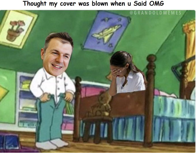 A meme featuring Mr. Rogers' head photoshopped onto a cartoon body standing next to a young girl who has her face in her hands, with the caption "Thought my cover was blown when u Said OMG" and the watermark "@GRANDOLDMEMES."