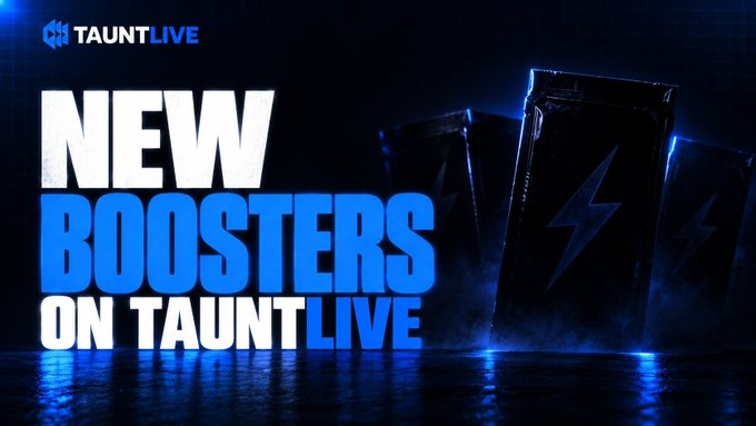Promotional graphic for 'TAUNTLIVE' featuring the text 'NEW BOOSTERS ON TAUNTLIVE' with blue lightning bolt booster packs against a dark, atmospheric background.