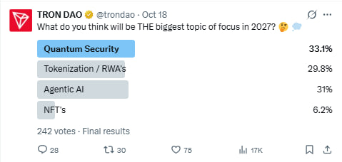 A Twitter/X poll from TRON DAO @trondao asking 'What do you think will be THE biggest topic of focus in 2027?', showing results: Quantum Security 33.1%, Tokenization/RWA's 31%, Agentic AI 29.8%, NFT's 6.2%, with 242 votes.