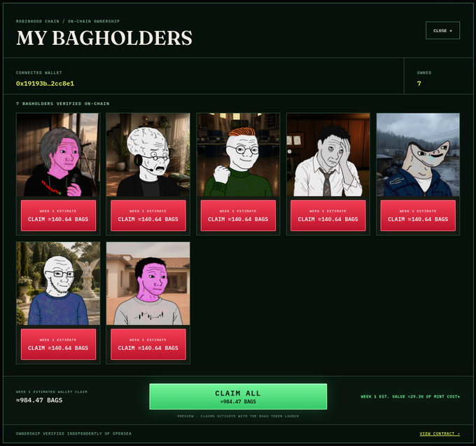 A screenshot of a dashboard titled 'MY BAGHOLDERS' on Robinhood Chain, showing 7 verified on-chain NFTs owned by the connected wallet (0x19193b...2cc8e1), with each available to claim approximately 140.64 BAGS tokens.